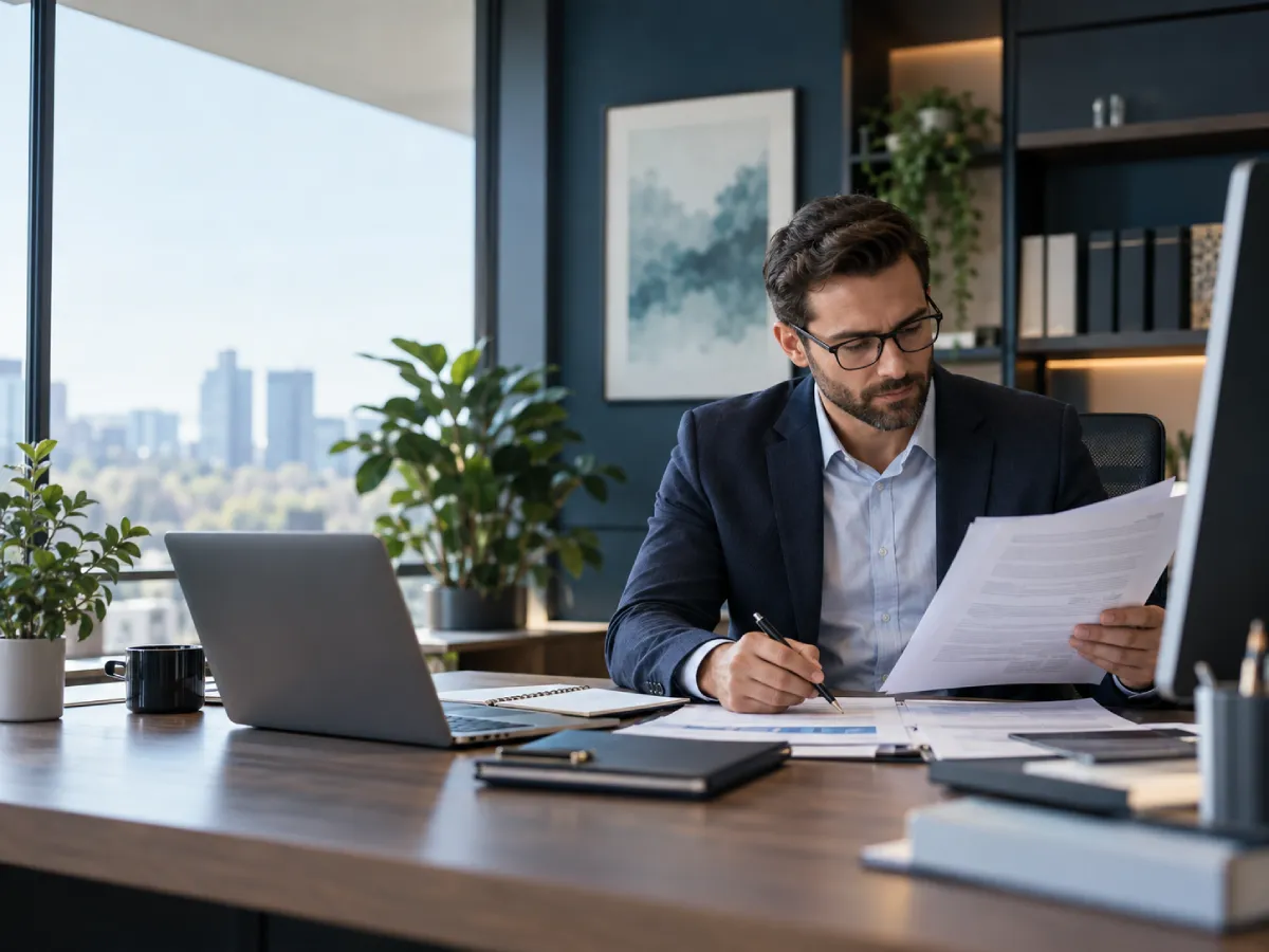Business professional reviewing insurance documents